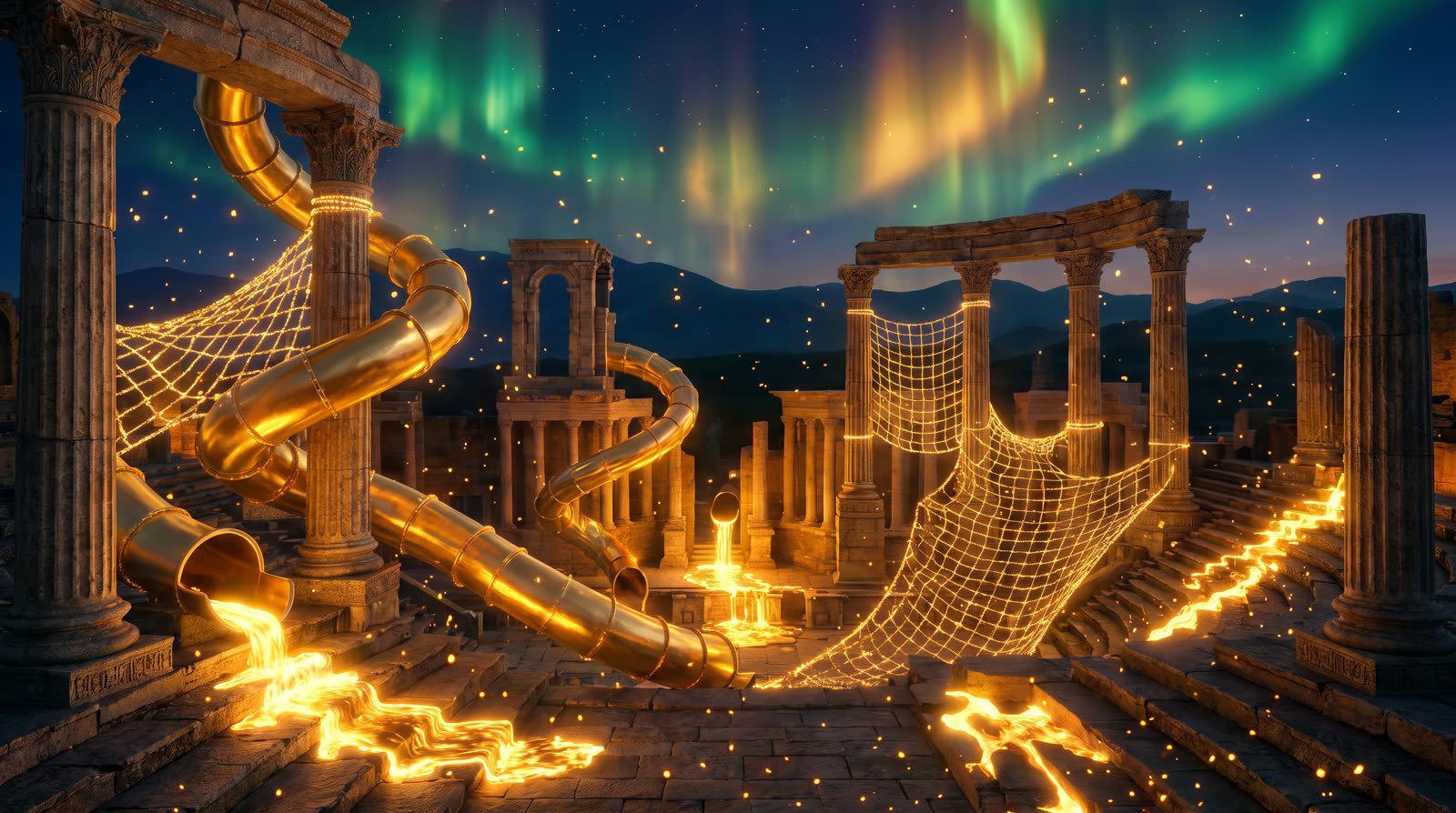 A magical indoor adventure realm where ancient Greek ruins glow with golden light at twilight